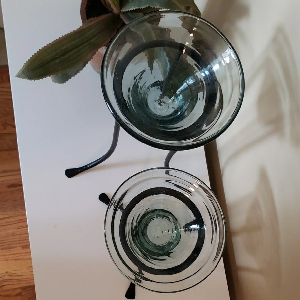 Green-tinted Glass Dishes & Black Metal Stands- Decor/ Candle Holders - Set Of 2